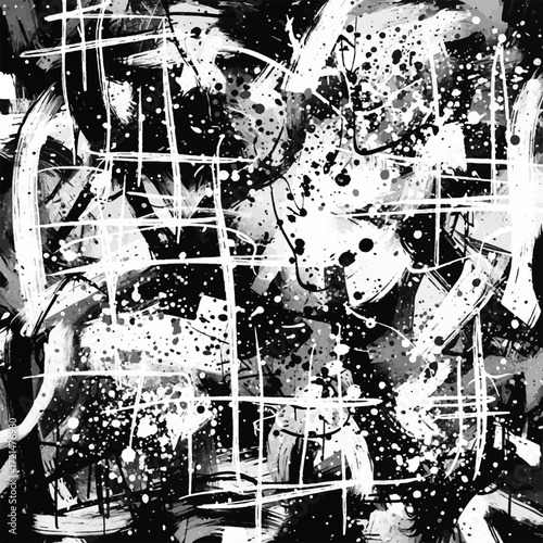 Dynamic monochrome abstract background with grunge texture, expressive brush strokes, paint splatters, and chaotic lines. Artistic modern design.