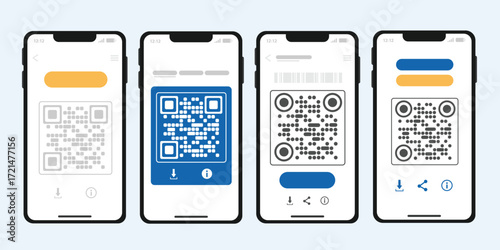 Set of smartphone screens displaying QR codes for payment in different designs.