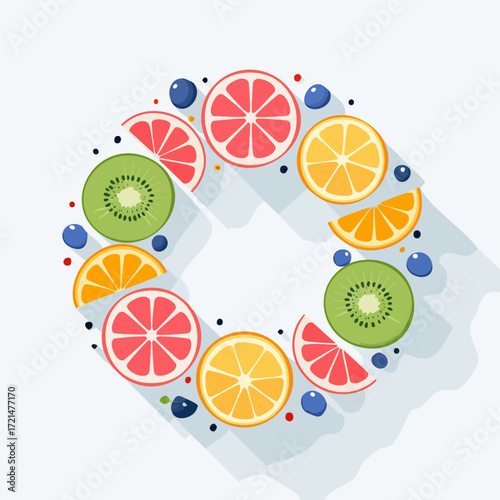 A clean flat lay set of sliced tropical fruits arranged in a circle, simple vector style. Trendy pastel fruit illustration ideal for summer themes, kids’ designs, and decorative projects.