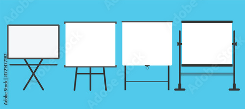 Set of smart screen with boards, Empty Projection screen for presentation, Blank white board set.