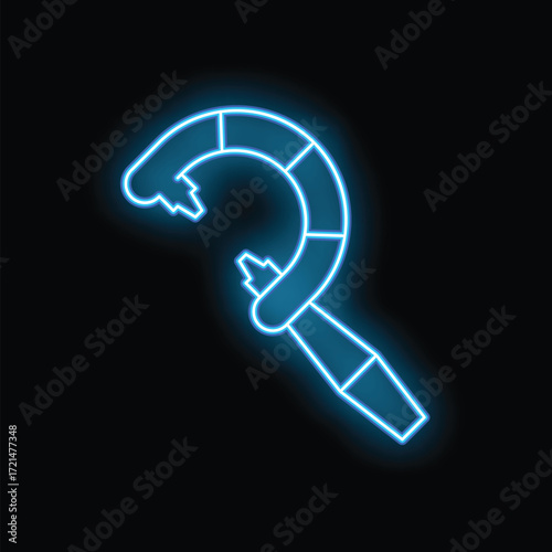 Blue glowing neon line depicting a dental instrument on a black background