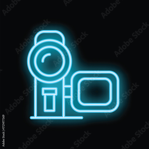 Bright blue neon sign is glowing in the dark, depicting a video camera