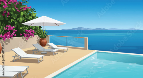Flat 2D vector illustration of a luxurious infinity pool terrace, sun loungers, tropical plants, and Mediterranean Sea, for an idyllic vacation mood.