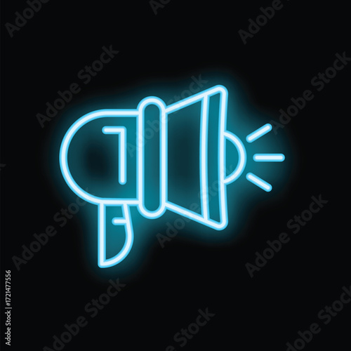 Bright blue neon sign depicting a megaphone broadcasting, perfect for grabbing attention