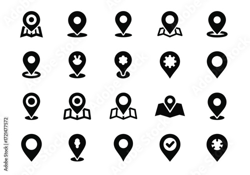 Collection of diverse map marker icons, including standard pins, pins with maps, and stylized location symbols, all isolated on a