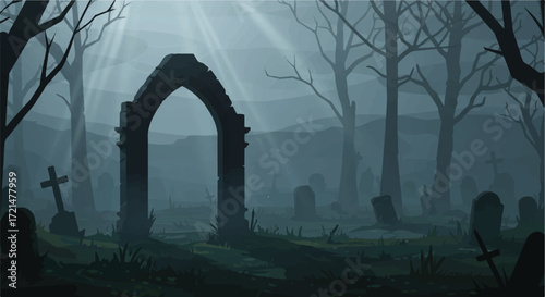 A desolate gothic cemetery vector illustration at misty dawn features an eerie stone archway tomb silhouetted against layered fog and piercing light rays.