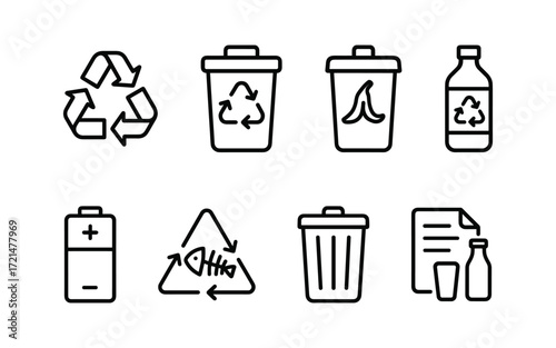 Set of recycling and waste management icons with bins, plastic bag, glass bottle, recycle arrows and hand throwing garbage. Black outline vector illustrations on white background.