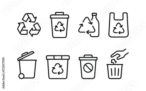 Set of recycling and waste management icons with bins, plastic bag, glass bottle, recycle arrows and hand throwing garbage. Black outline vector illustrations on white background.