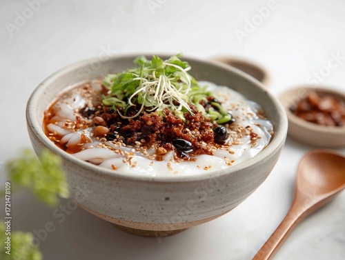 Liangfen a close up shot of a bowl of liangfen noodles with toppings and a wooden spoon on a white surface