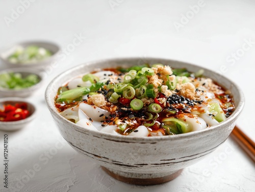 Liangpi noodles, a close up view of a bowl filled with noodles and toppings, served with condiments on the side