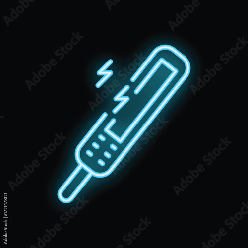 Blue neon sign of an electric stun gun emitting lightnings on a black background