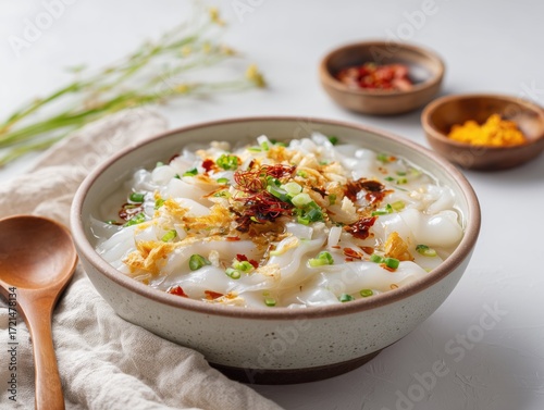 Liangfen the delightful bowl of liangfen with toppings and wooden spoon on a white surface, close up view