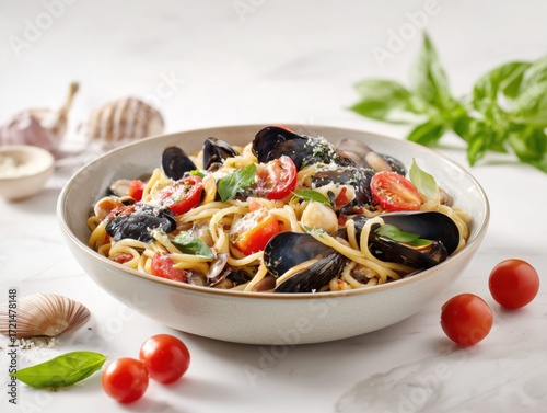 Spaghetti with mussels and tomatoes in a bowl: a delicious italian dish with fresh basil and garlic cloves