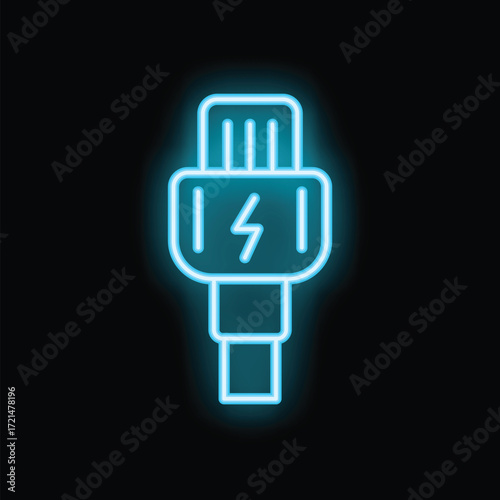 Blue neon icon of a usb cable glowing on a dark background