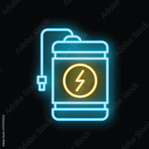 Glowing neon line power bank charger icon isolated on black background vector illustration