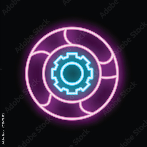 Neon sign representing global settings with a gear inside a world map, perfect for illustrating concepts of international parameters