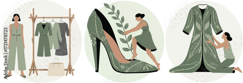 Vector art of sustainable fashion concept with green clothes and accessories illustration
