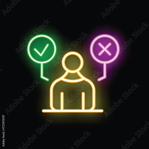 Neon sign vector illustration of a person choosing between a right answer represented by a check mark and a wrong answer represented by a cross mark