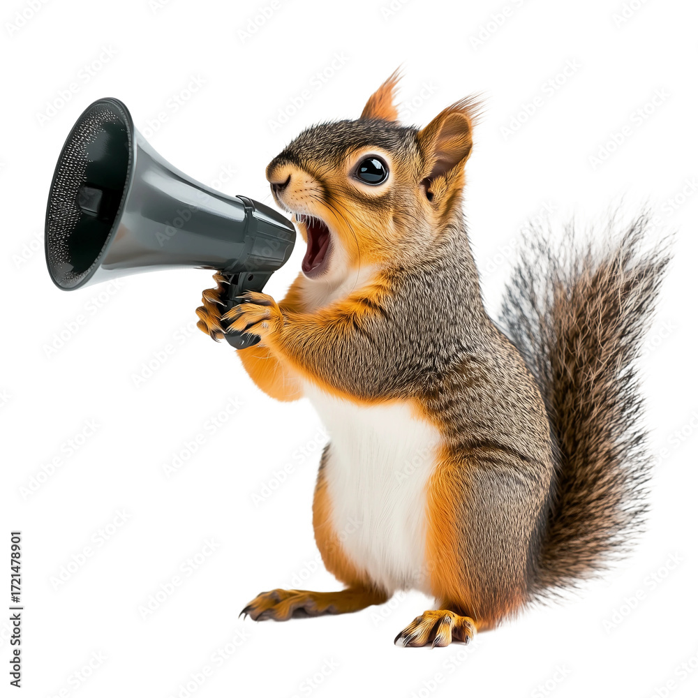 Fototapeta premium Squirrel holds megaphone,PNG,transparent background,clipart,concept of animal advertising