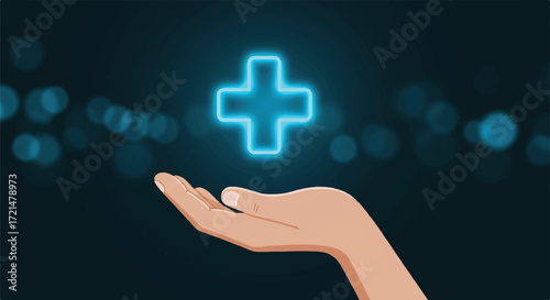 Minimalist 2D vector illustration: An open hand elevates a glowing electric blue plus sign against a dark teal background with blue bokeh, symbolizing well-being, progress, and innovation.