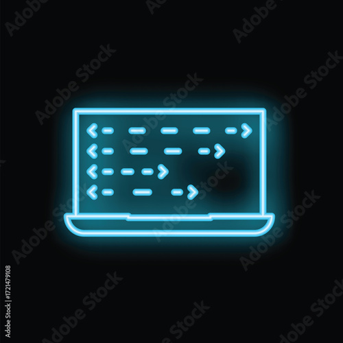 Neon sign of a laptop showing programming code on its screen