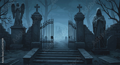 Gothic cemetery entrance 2D vector illustration depicts a wrought-iron gate, pillars, and statues, with a fog-shrouded path to headstones, evoking mystery.