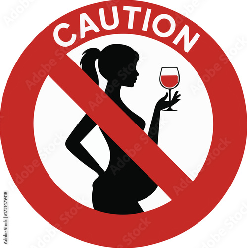 Vector art of caution sign depicting pregnant woman with wine glass