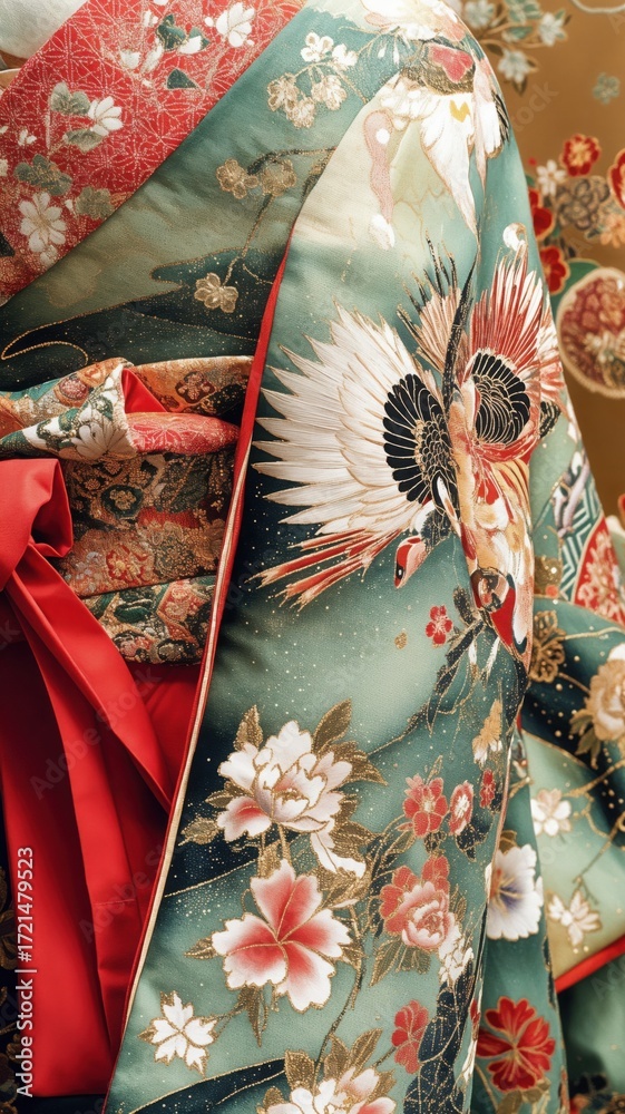 Naklejka premium Intricate Floral and Crane Design on a Kimono with Red Accents, Capturing Traditional Japanese Artistry