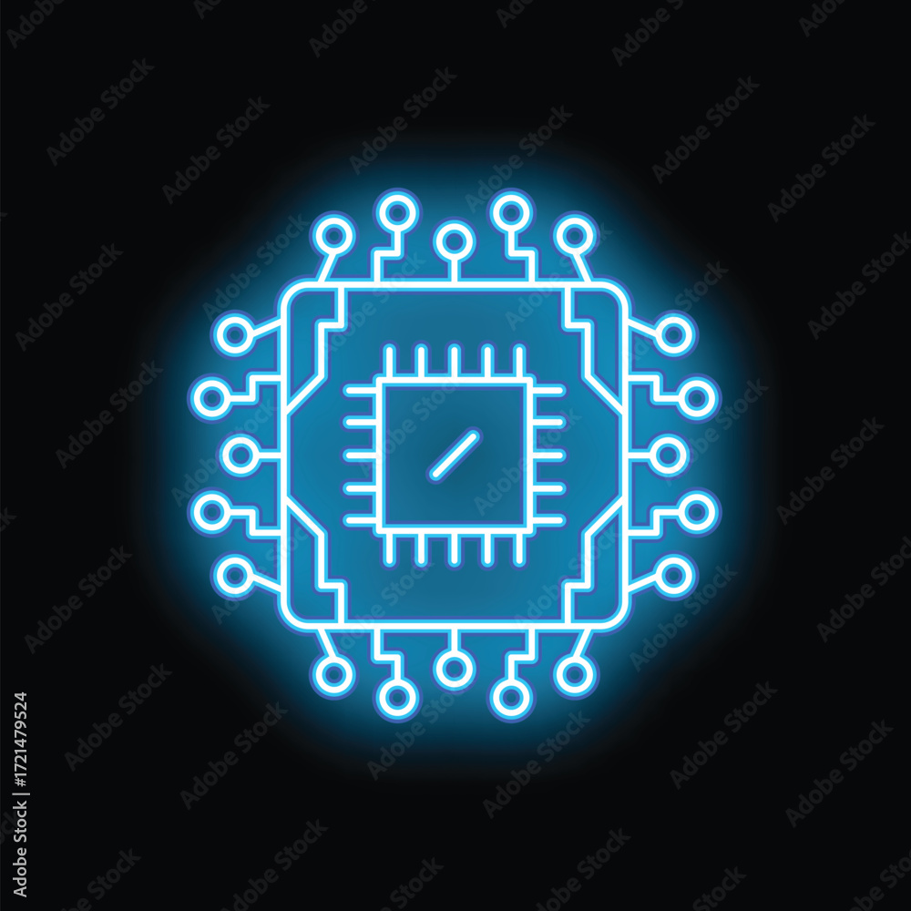 Fototapeta premium Blue neon glowing cpu microchip on a black background representing concepts like technology, computing and processing power