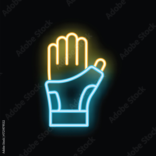Neon sign of a hand wearing a protective glove glowing on a dark background