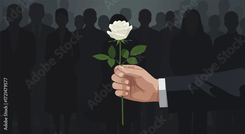 Poignant 2D vector illustration of a masculine hand with a wedding band gently cradling a single white rose, symbolizing remembrance at a solemn gathering.