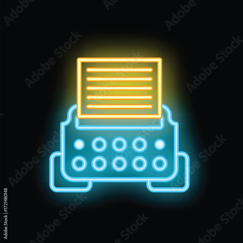 Neon typewriter icon glowing in the dark, representing vintage writing or old fashioned communication