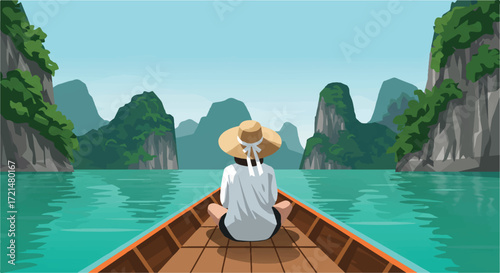 A lone figure in a longtail boat contemplates the serene tropical lake with majestic limestone karsts under a clear blue sky, depicted in a detailed 2D vector illustration.