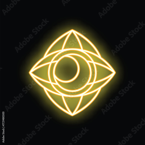 Neon yellow sacred geometry symbol with an elegant and esoteric design glowing in the dark
