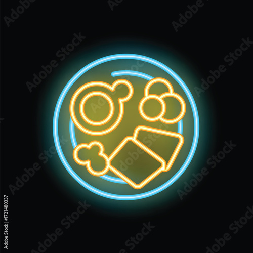 Yellow neon sign glowing on a black wall, showing a breakfast plate with food on it