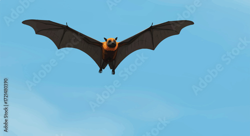 A vibrant 2D vector illustration depicts a majestic flying fox fruit bat in graceful mid-flight, showcasing its dark grey wings and reddish-orange fur against a vast azure sky.