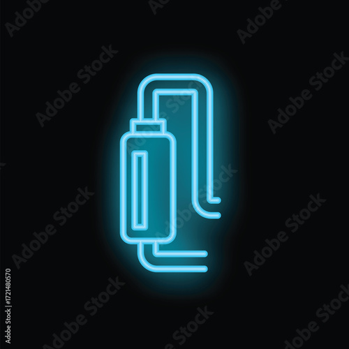 Glowing blue neon icon of an infusion therapy system on a black background, representing medical treatment and healthcare