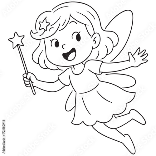 A black and white cartoon of a happy little fairy with wings and a star-tipped magic wand, perfect for a coloring page.