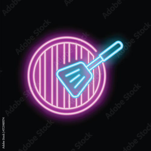 Vibrant neon sign illustrating a spatula and a round barbecue grill, perfect for representing barbecue restaurants and summer meals