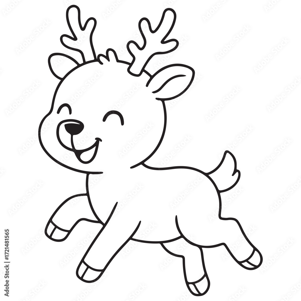 Obraz premium A black and white cartoon of a cute, happy baby reindeer running or leaping, perfect for a Christmas coloring page.