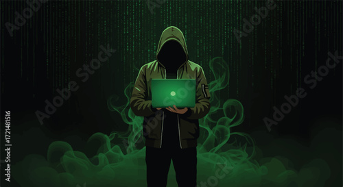 Anonymous hacker typing on glowing green laptop, surrounded by digital matrix code and luminous fog, high-contrast 2D vector illustration embodying clandestine cyber security.