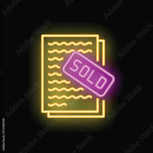 Neon glowing icon of a contract with a sold sign, perfect for topics of commerce, business and law