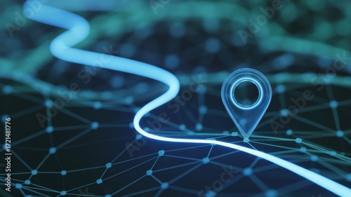 Digital Navigation Path: An abstract digital map comes alive with a luminous route, guiding the viewer toward a precise location. Perfect for concepts of direction and technology.