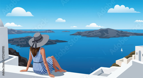 Tranquil 2D vector illustration: Woman in a sun hat on a white ledge, gazing at a deep blue caldera and volcanic islands, evoking luxurious escape.