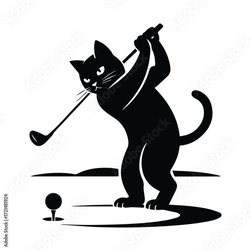 Playful black cat silhouette swinging a golf club on a golf course silhouette