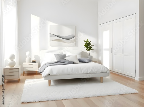 Clean Bright Interior Minimalist Bedroom Space with Furniture and Natural Light