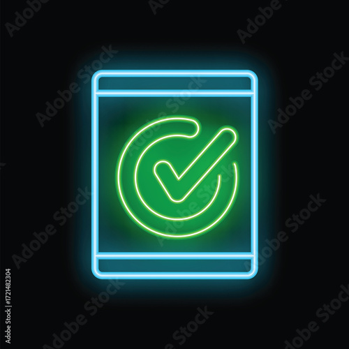 Neon glowing sign of a smartphone showing a validation green tick symbol, on a dark background