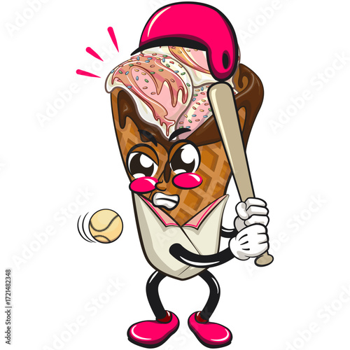 waffle ice cream with chocolate and sprinkles mascot playing baseball ready to hit the ball with the bat, work of hand drawn