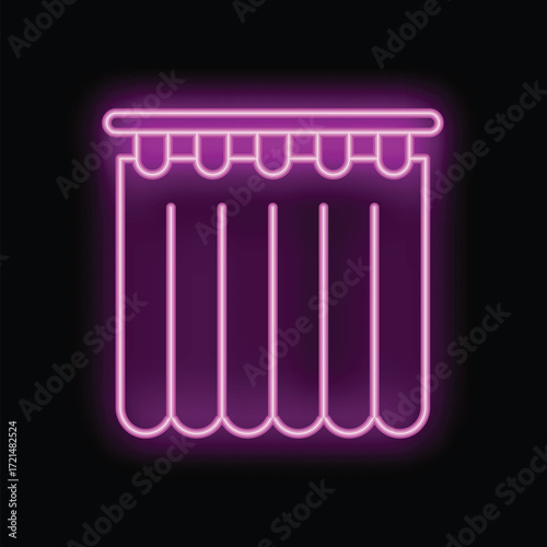 Brightly shining pink neon sign of a shower curtain on a black background