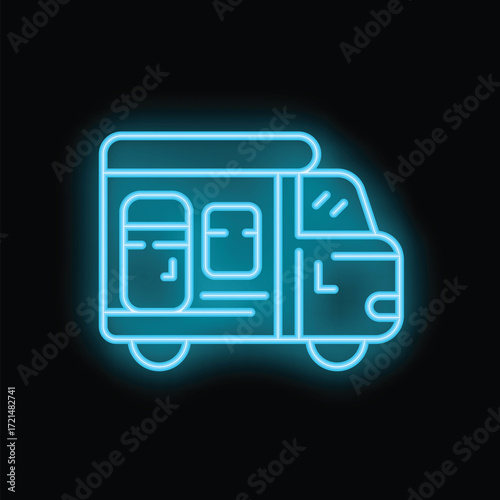 Blue neon sign of a camper van glowing on a black background, representing travel and adventure